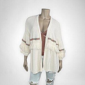 H&M COACHELLA Large‎ Cream Cardigan Sweater Oversized Boho Fringe Knit Casual